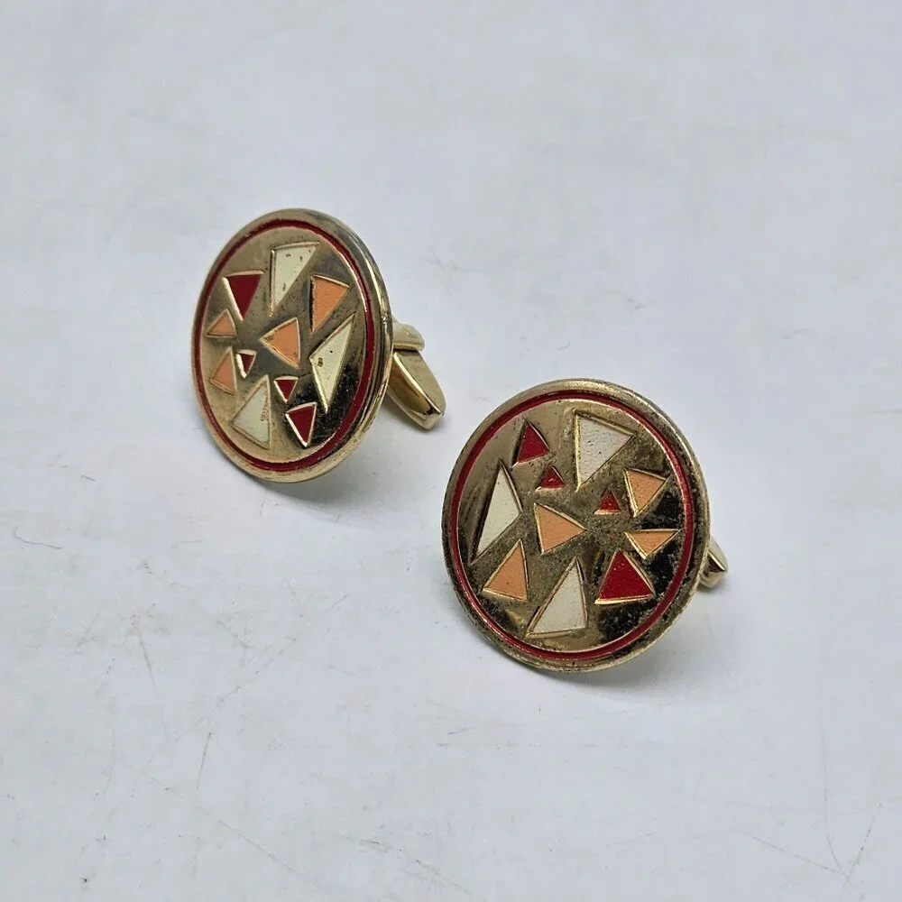 Vintage Gold Tone Cufflinks With Geometric Pink Cream Enamel Design